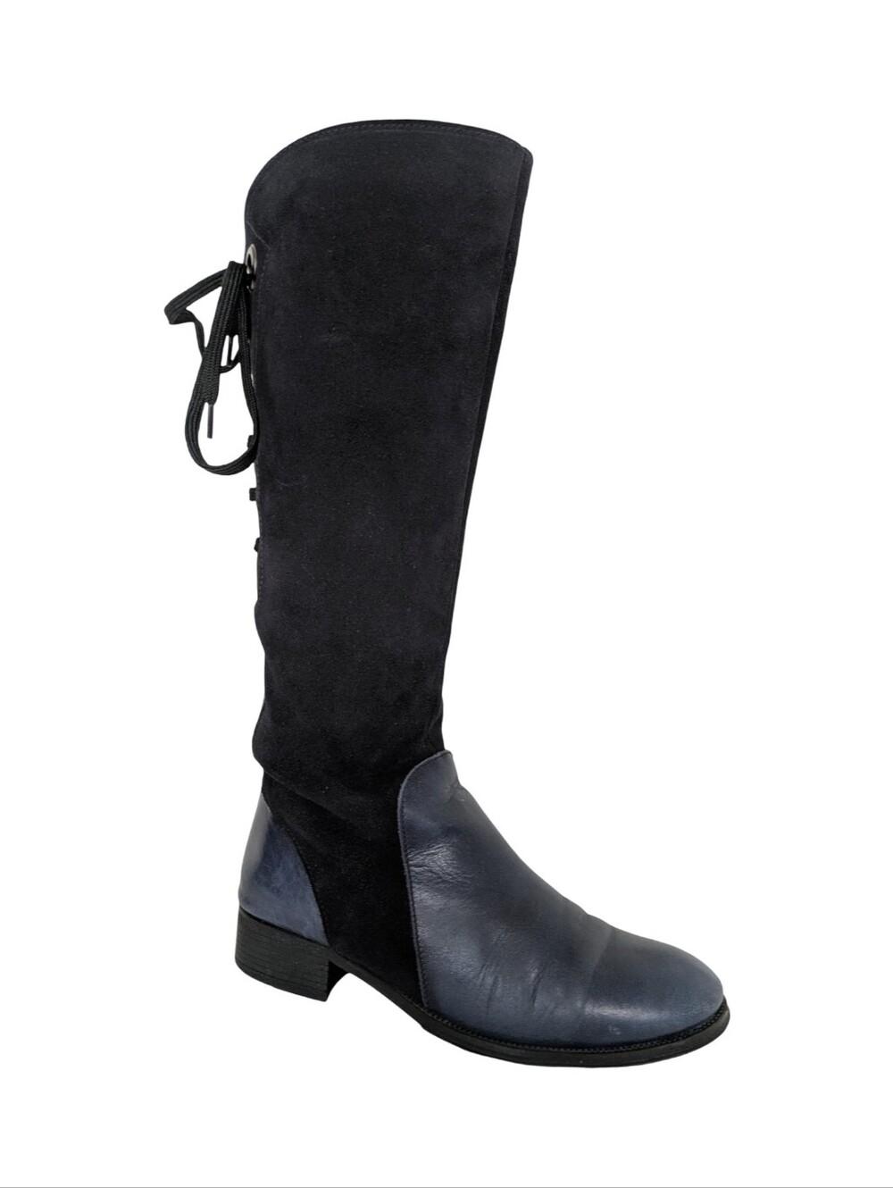 Aplauso Navy Suede Contrast Leather Knee-High Lace-Back Riding Boots